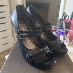 Paolo Black Peep-Toe Double-Strap Heels